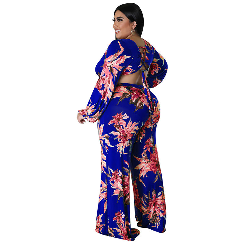 BamBam Plus Size Women's Big Flower Print Sexy Low Back Lace-Up Long Sleeve Jumpsuit - BamBam Clothing