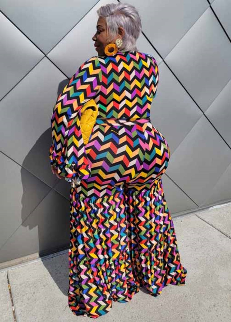 BamBam Women Spring Printed Formal V-neck Full Sleeves Geometric Print Loose Plus Size Jumpsuit - BamBam Clothing