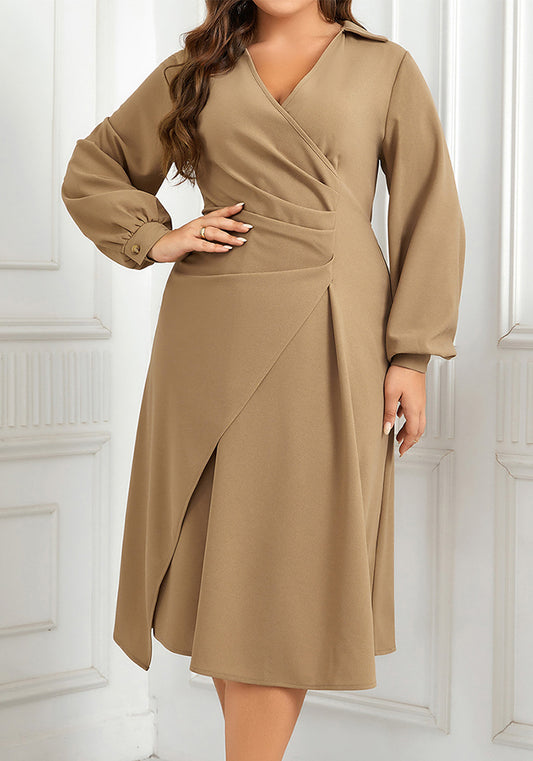 Plus Size Spring And Autumn Slim Fit V-Neck Solid Color Chic Irregular Dress