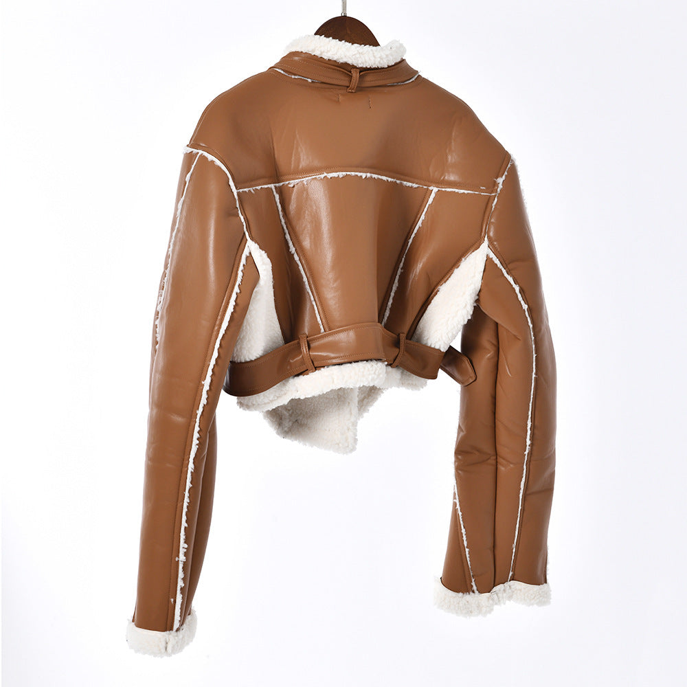 BamBam Brown Leather Jacket Women's Autumn And Winter Fur Pu Leathercotton Coat - BamBam