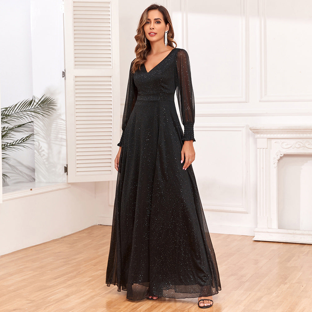 BamBam Women See-Through Long Sleeve V-Neck Slit Maxi Dress - BamBam Clothing