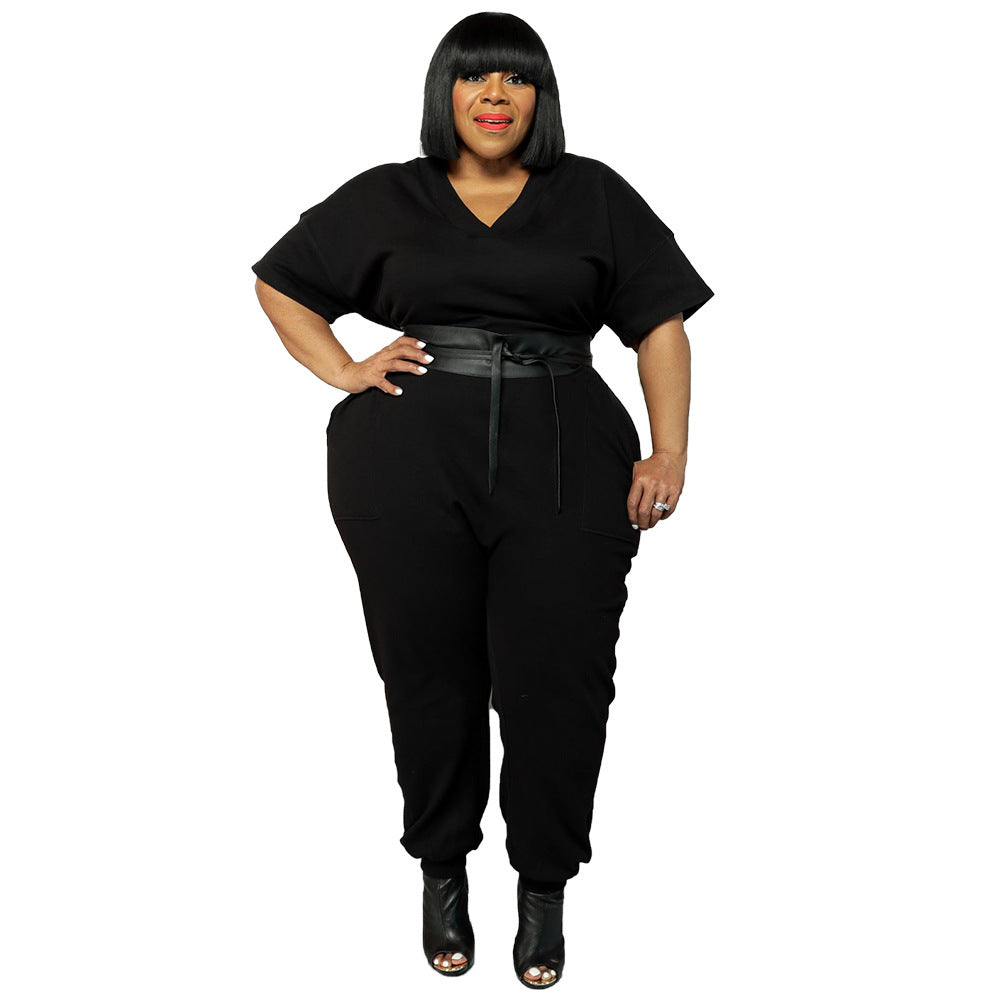 BamBam Spring Plus Size Women'S Solid Short Sleeve V-Neck Jumpsuit - BamBam Clothing