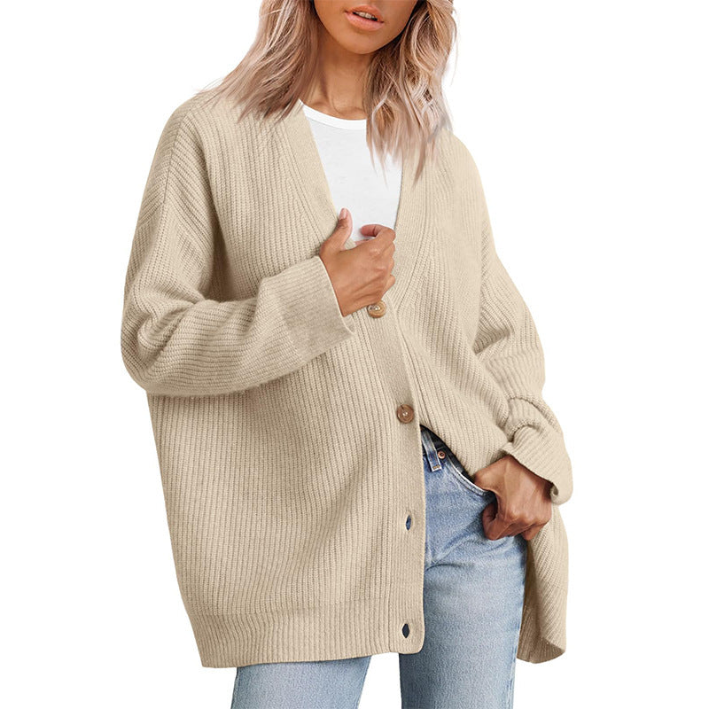 BamBam Knitting Cardigan Women's Button V-Neck Solid Color Sweater For Women - BamBam