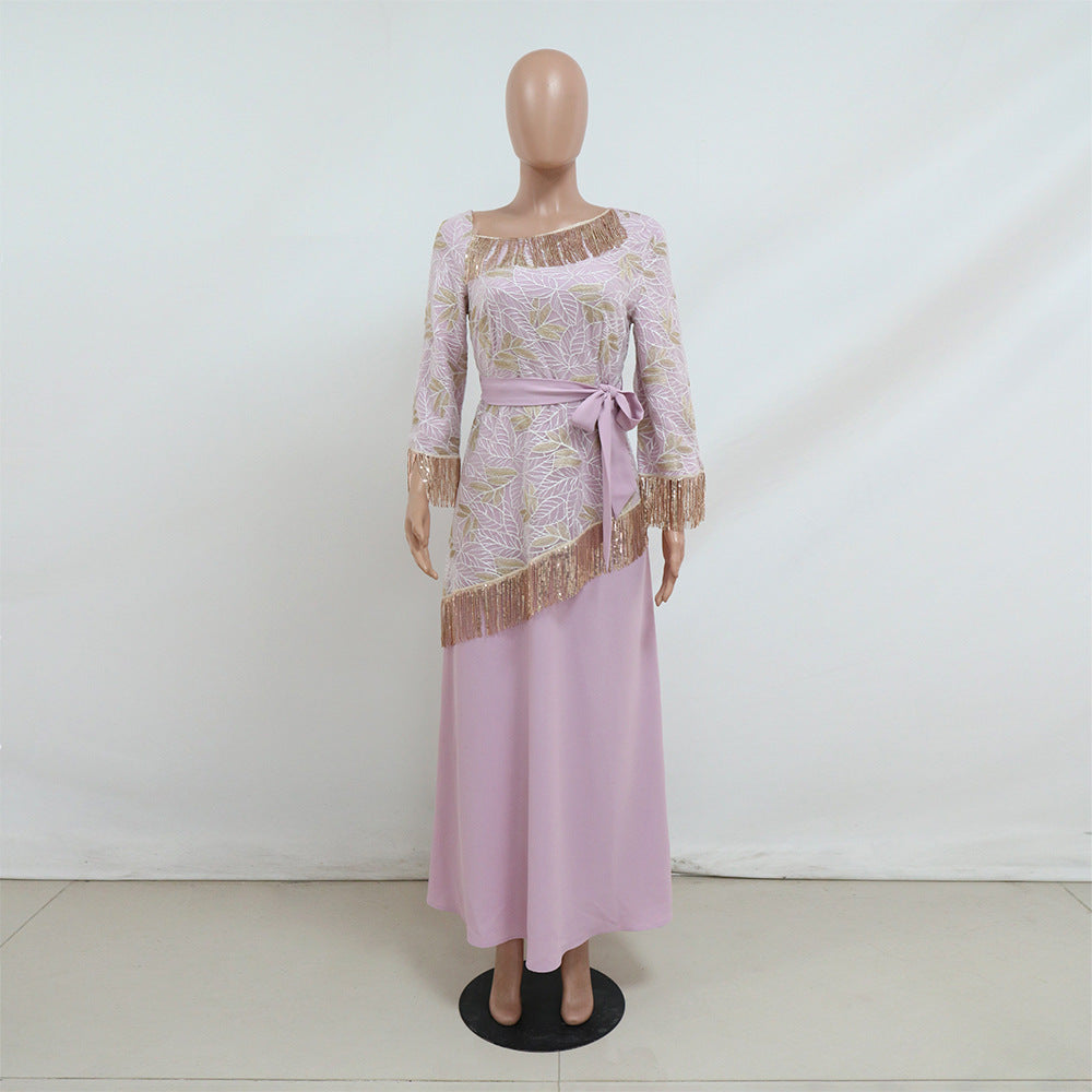 BamBam Kaftan Dress Sequined Tassel Zippered Embroidered Robe Dress - BamBam