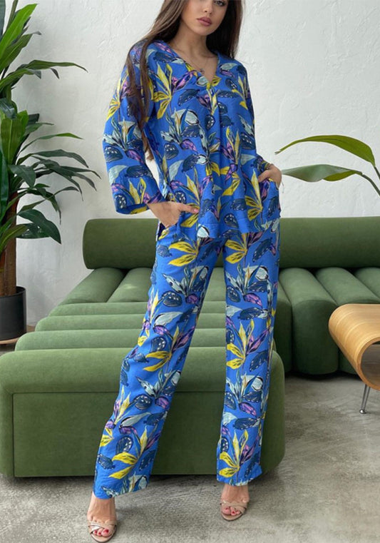 Women's Suit Autumn Style Fashionable Bright Printed Loose Long Sleeve Straight Pants Two Piece Set