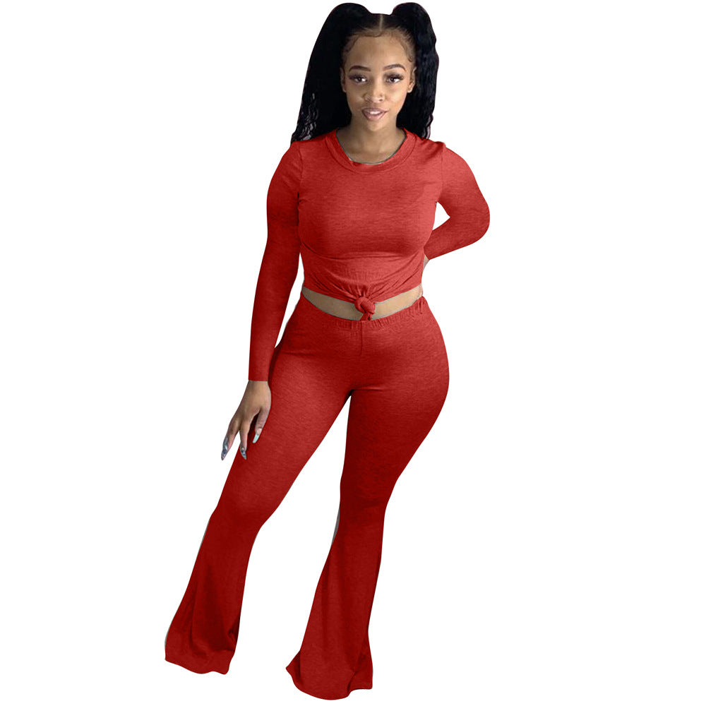 BamBam Women's Solid Color Tight Fitting Long Sleeve Bell Bottom Two Piece Pants Set - BamBam
