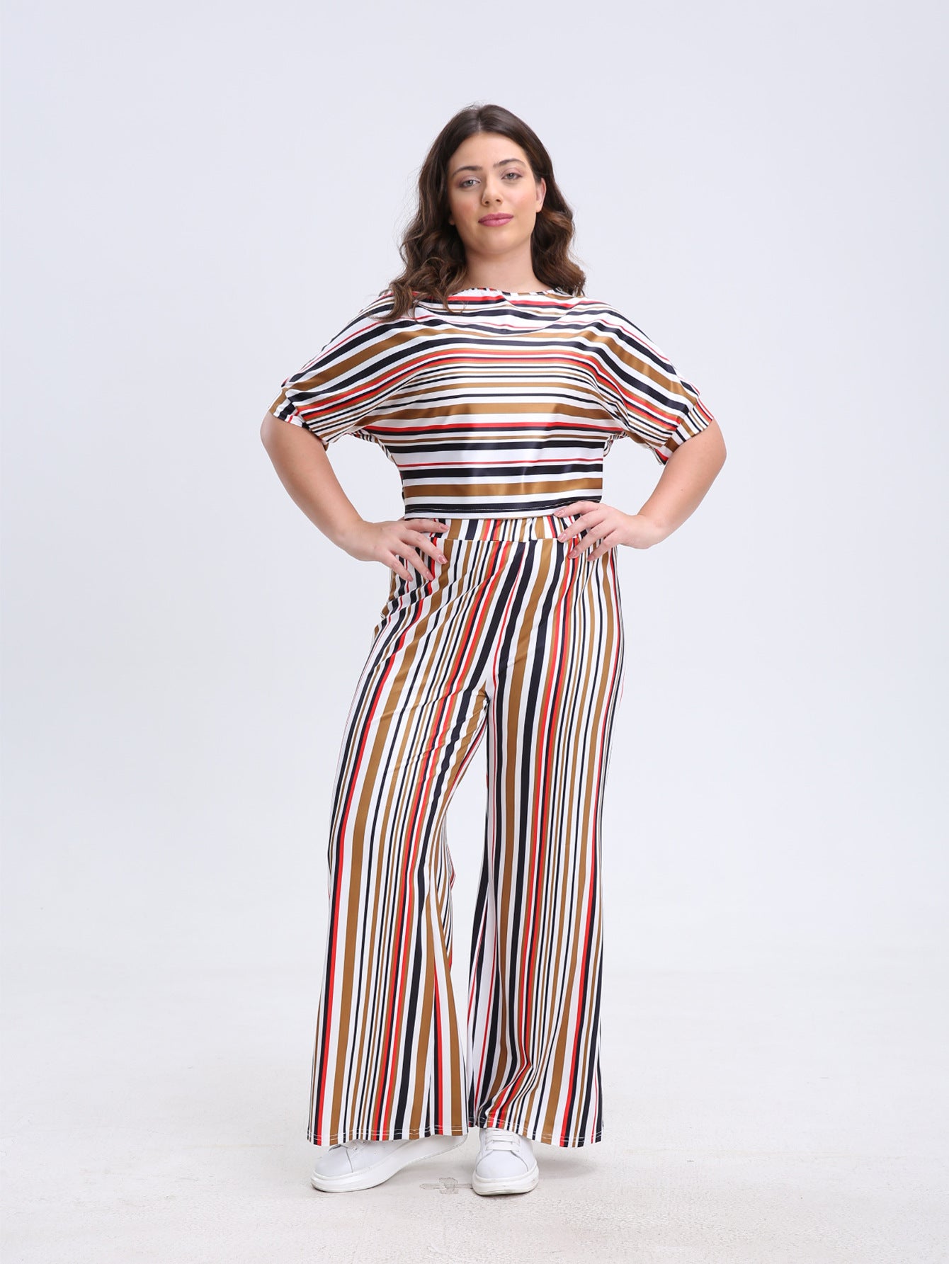 BamBam Plus Size Women Casual Short Sleeve Top And Striped Wide Leg Pants Two-piece Set - BamBam