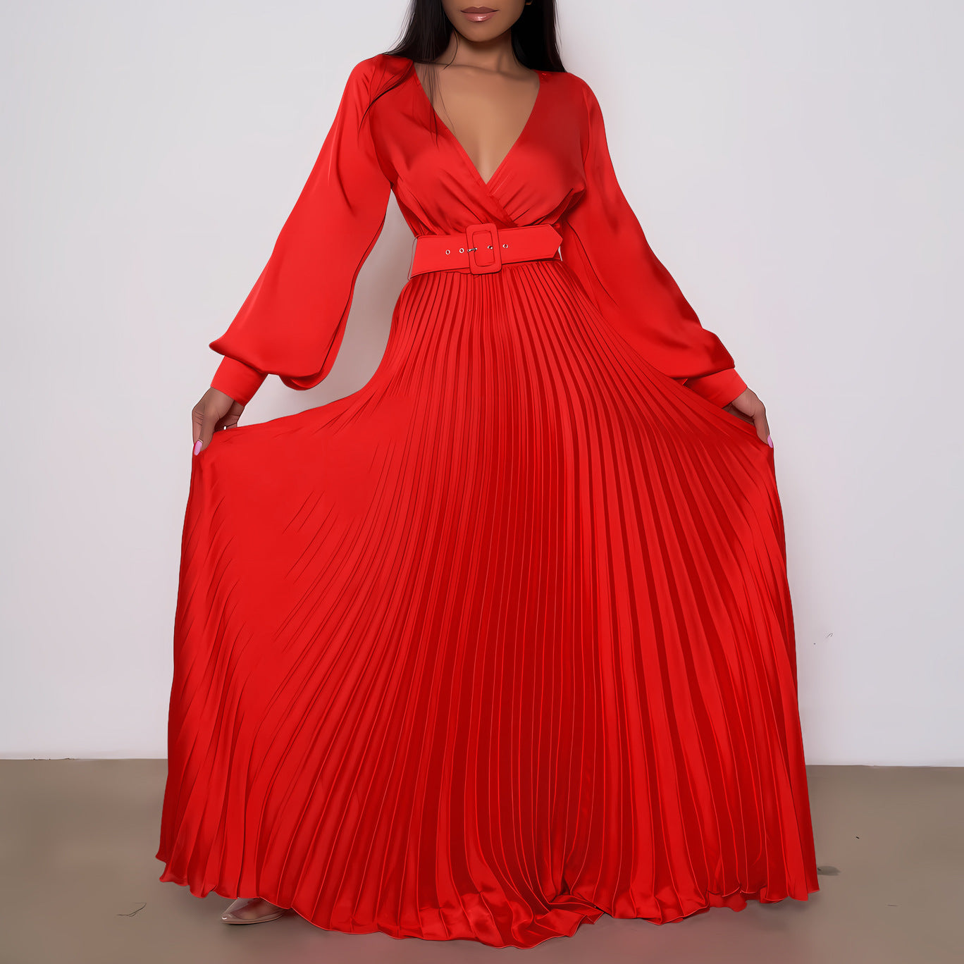 BamBam Women V Neck Long Sleeve High Waist Pleated Maxi Dress - BamBam