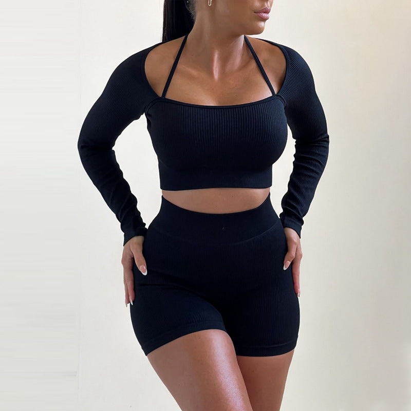 BamBam Autumn And Winter Women's Knitting Ribbed High Stretch Sports And Fitness Two-Piece Shorts Set For Women - BamBam