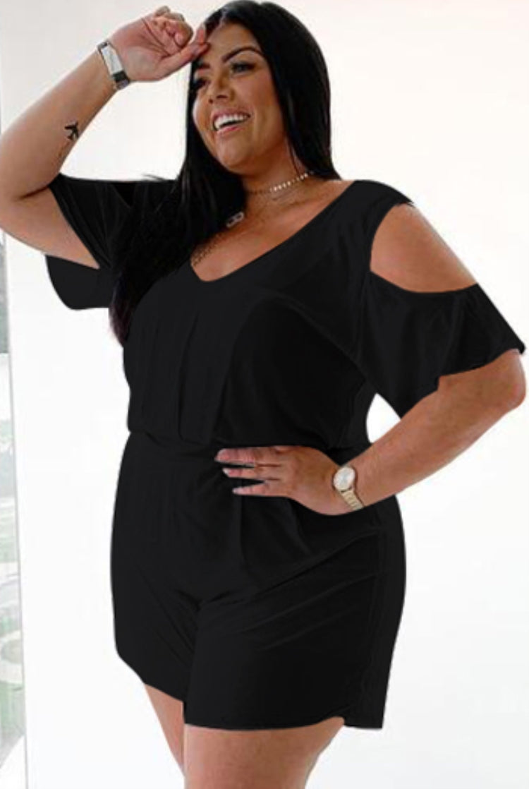 BamBam Plus Size Summer Black Casual Rompers with Cut Out Shoulders - BamBam Clothing