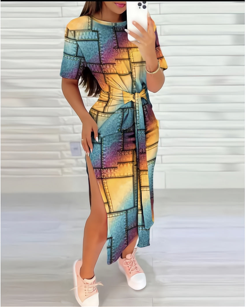 BamBam Summer Round Neck Geometric Print Bodycon Dress Women's - BamBam