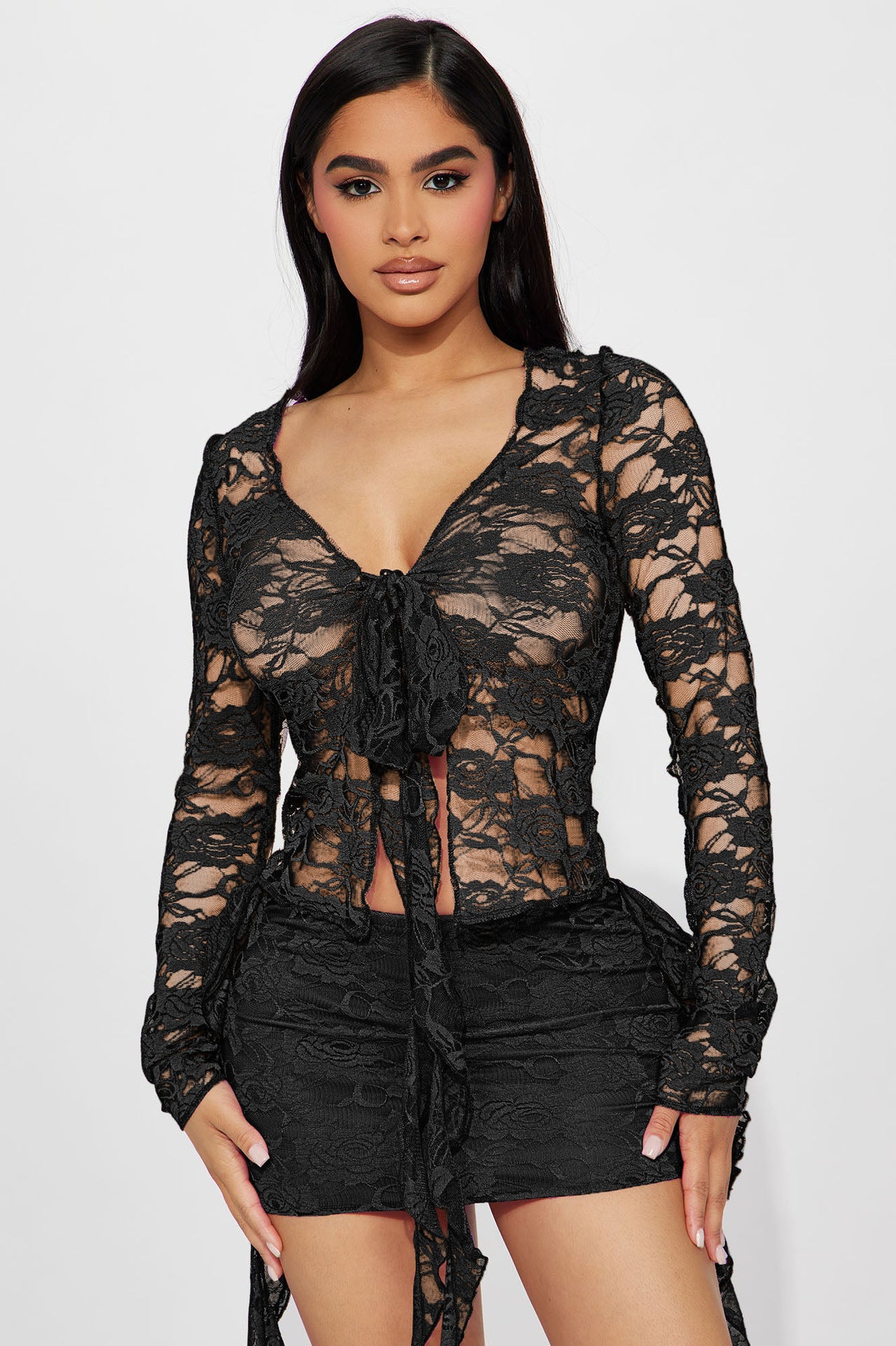 BamBam Women's Elastic Lacev Neck Tie See-Through Sexy Skirt Two-Piece Set - BamBam