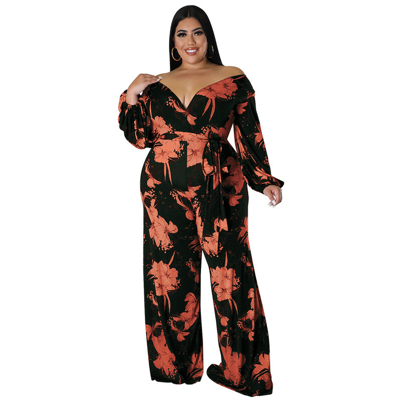 BamBam Plus Size Women Fall Print V-Neck Off Shoulder Jumpsuit - BamBam Clothing