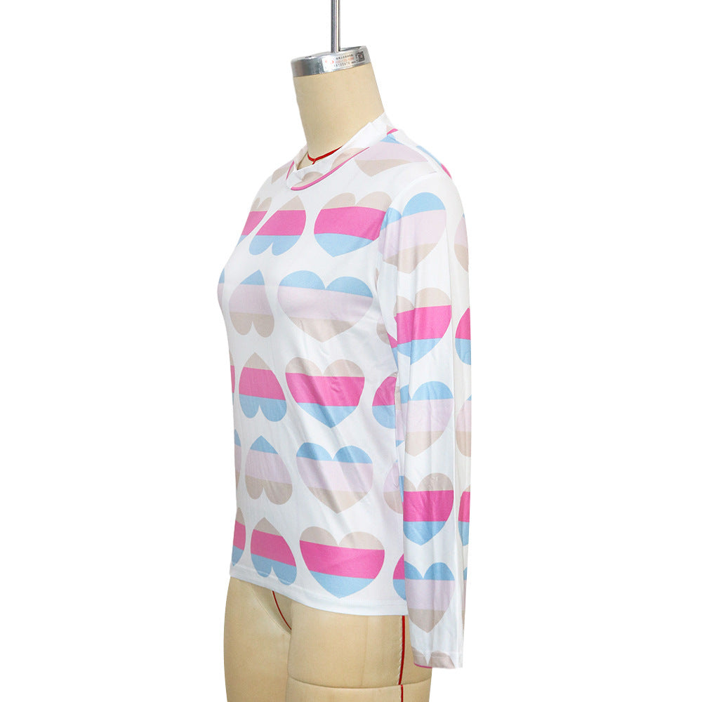 BamBam Women Color Block Heart Print Long Sleeve T-Shirt - BamBam