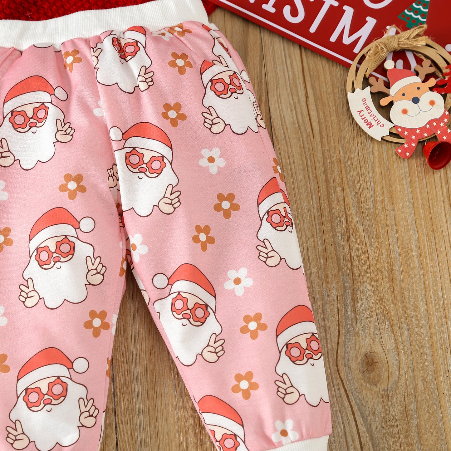 BamBam Christmas Girl cartoon Santa Claus printed long-sleeved Top and Pant two-piece set - BamBam