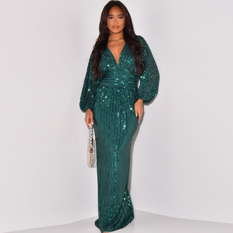 BamBam Women's Sequined Long Sleeve V-Neck Sexy Long Dress - BamBam Clothing