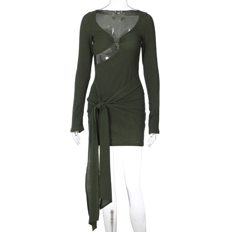 BamBam Fashionable V Neck Sashes Women's Autumn Solid Color Long Sleeve Slim Bodycon Dress - BamBam Clothing