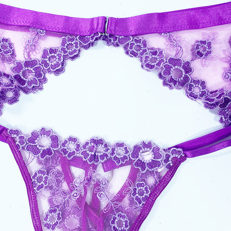 BamBam Women Embroidered Flowers Women Bra Panty Garter Belt Sexy Lingerie Set - BamBam