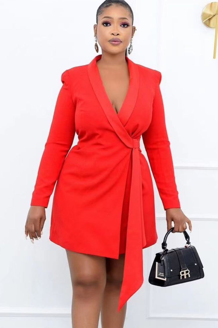 Fall Professional Red Long Sleeve Knotted Blazer Dress