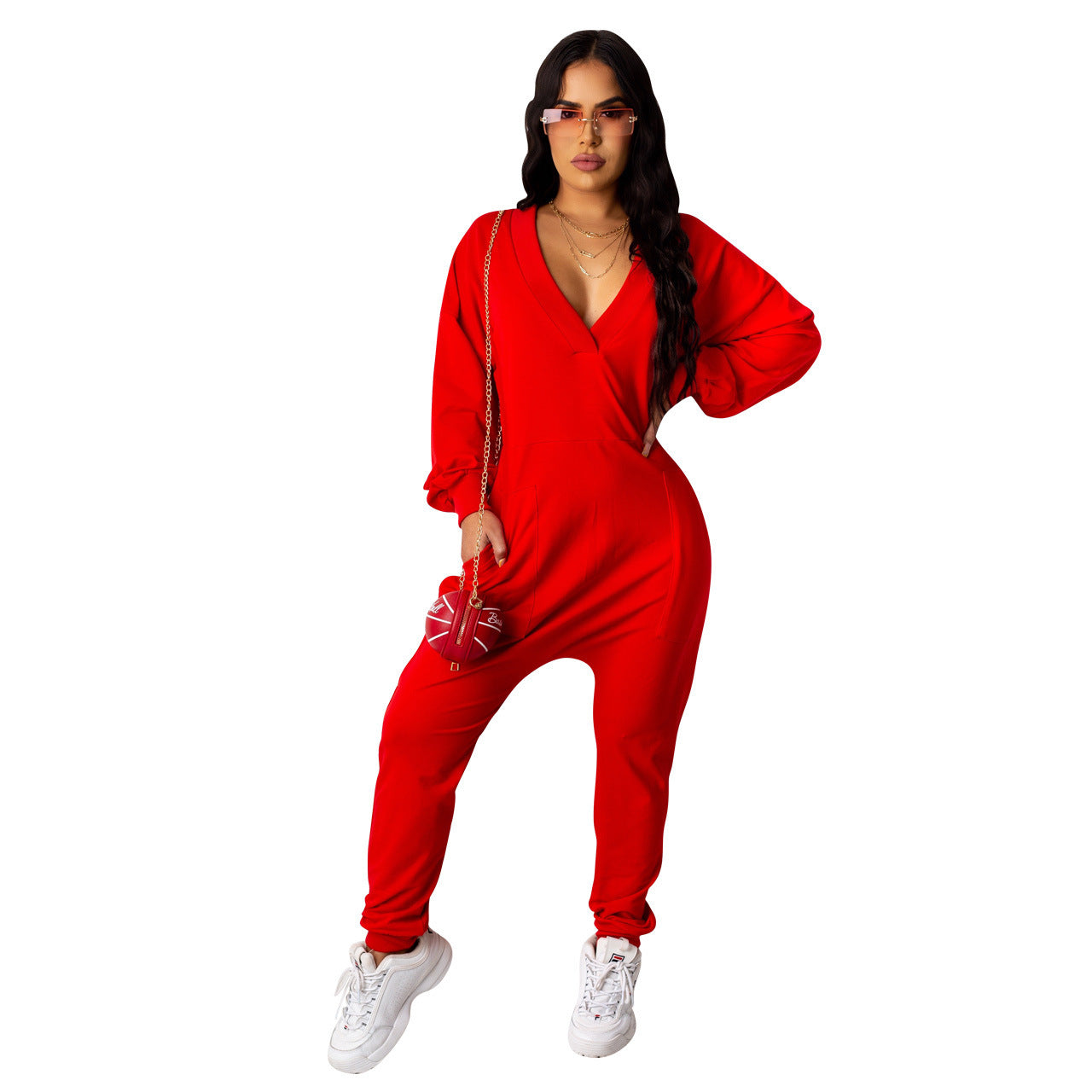 BamBam Women Loose Casual Solid Sexy Deep V Neck Jumpsuit - BamBam Clothing