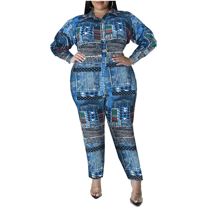 BamBam Plus Size Women's Fall Print Long Sleeve Jumpsuit - BamBam Clothing