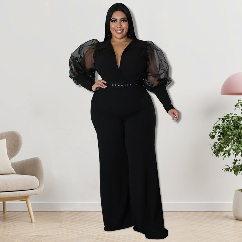 BamBam Plus Size Women Lapel Mesh Long Sleeve Jumpsuit with Belt - BamBam Clothing