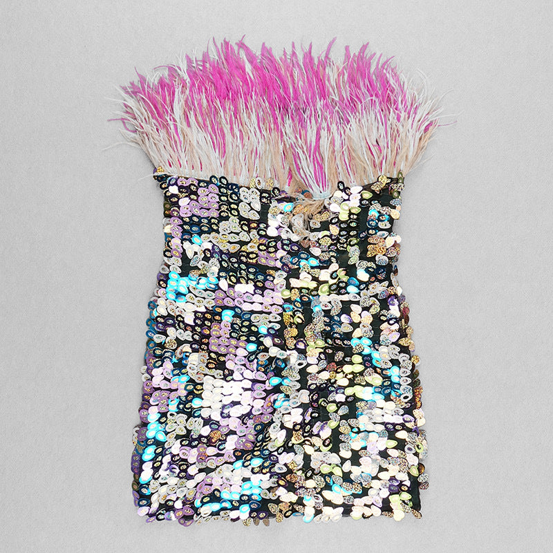 BamBam Strapless Slim Fit Feather Tight Fitting Sequin Bodycon Mini Dress - BamBam Clothing