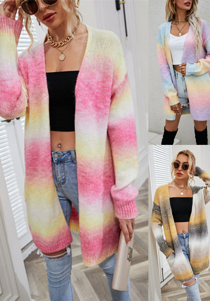 Winter Sweater Rainbow Tie Dye Plus Size Cardigan Women's Knitting Shirt Jacket