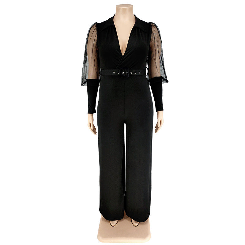 BamBam Plus Size Women Lapel Mesh Long Sleeve Jumpsuit with Belt - BamBam Clothing