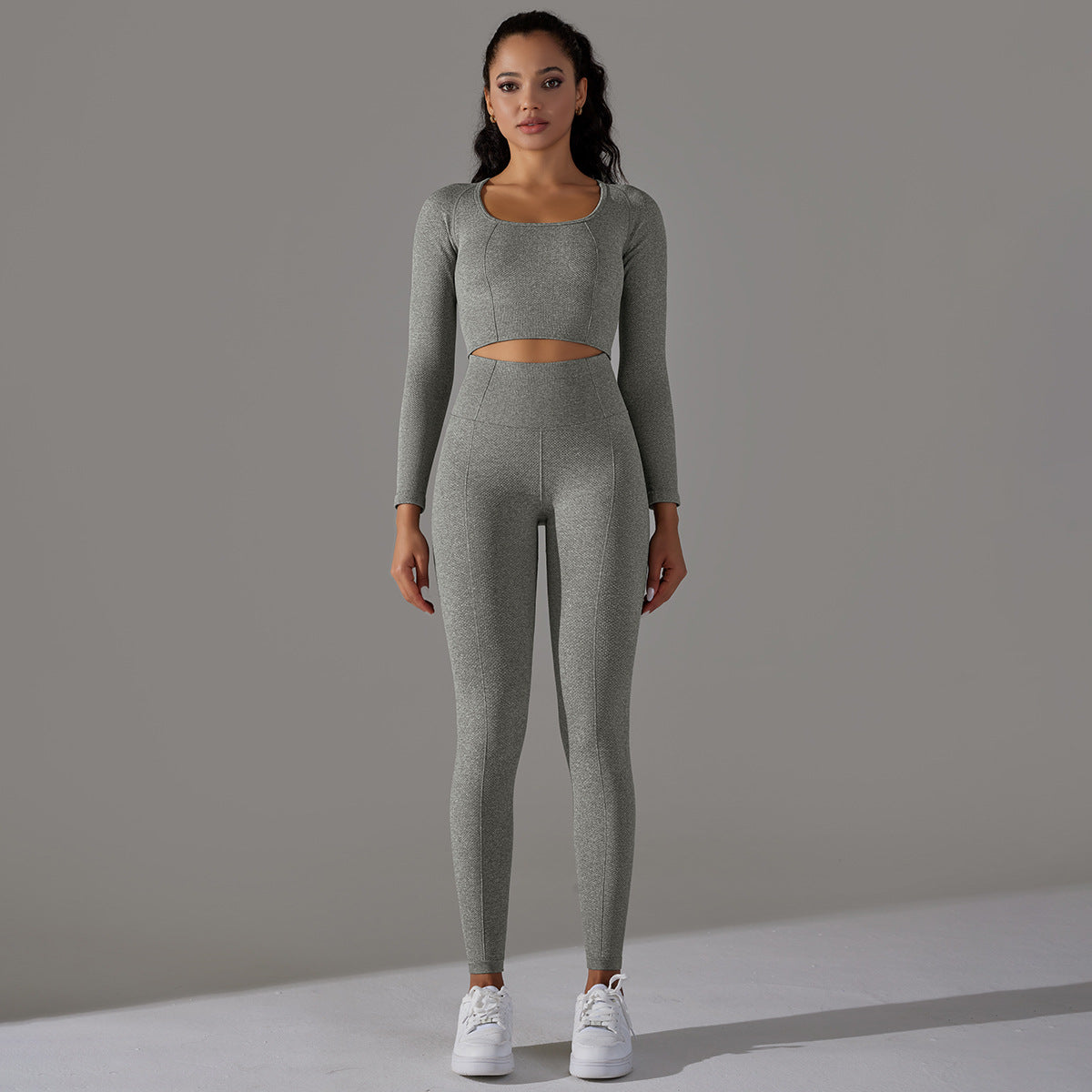 BamBam Seamless Knitting Solid Color Jacquard Low-Cut Tight Fitting Long-Sleeved Yoga Suit Sports Fitness Two-Piece Set - BamBam