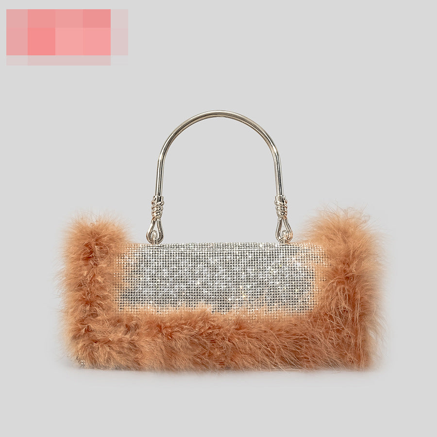 BamBam Ostrich hair rhinestone bag female mink hair inlaid diamond dinner bag full of diamonds shoulder Messenger bag - BamBam