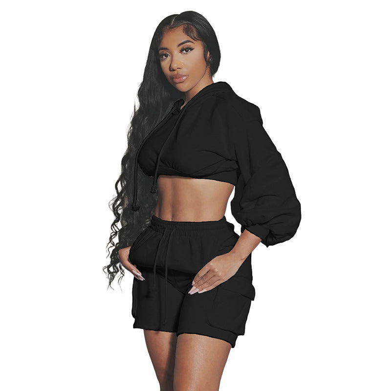 BamBam Autumn Women's Sports Casual Solid Color Hooded Top High Waist Slim Shorts Two Piece Set For Women - BamBam