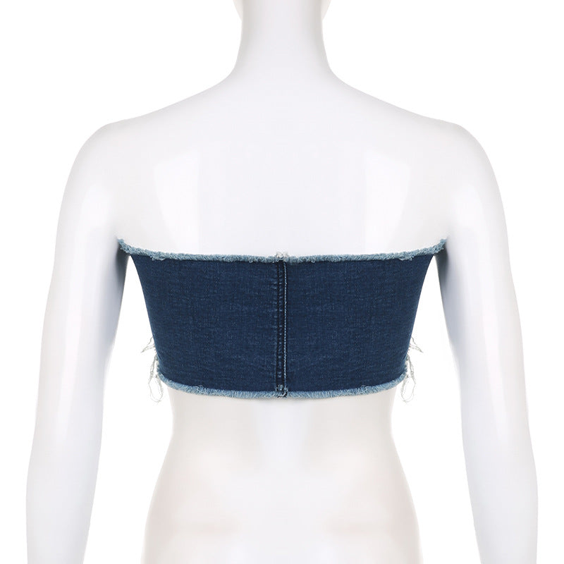 BamBam Denim Patchwork Distressed Strapless Crop Vest High Waist Miniskirt Two Piece Set - BamBam