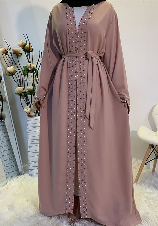 Women Arabic Turkish Elegant Beaded Muslim Lace Cardigan Robe