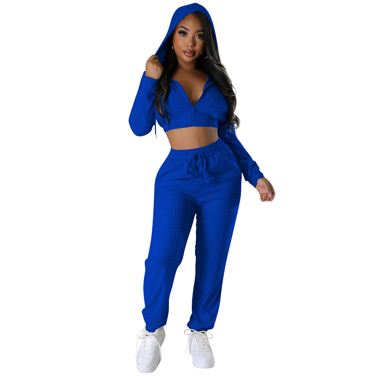 BamBam Women's Clothing Fashionable Solid Jacquard Zipper Hoodie Sweatpants Two-Piece Set - BamBam