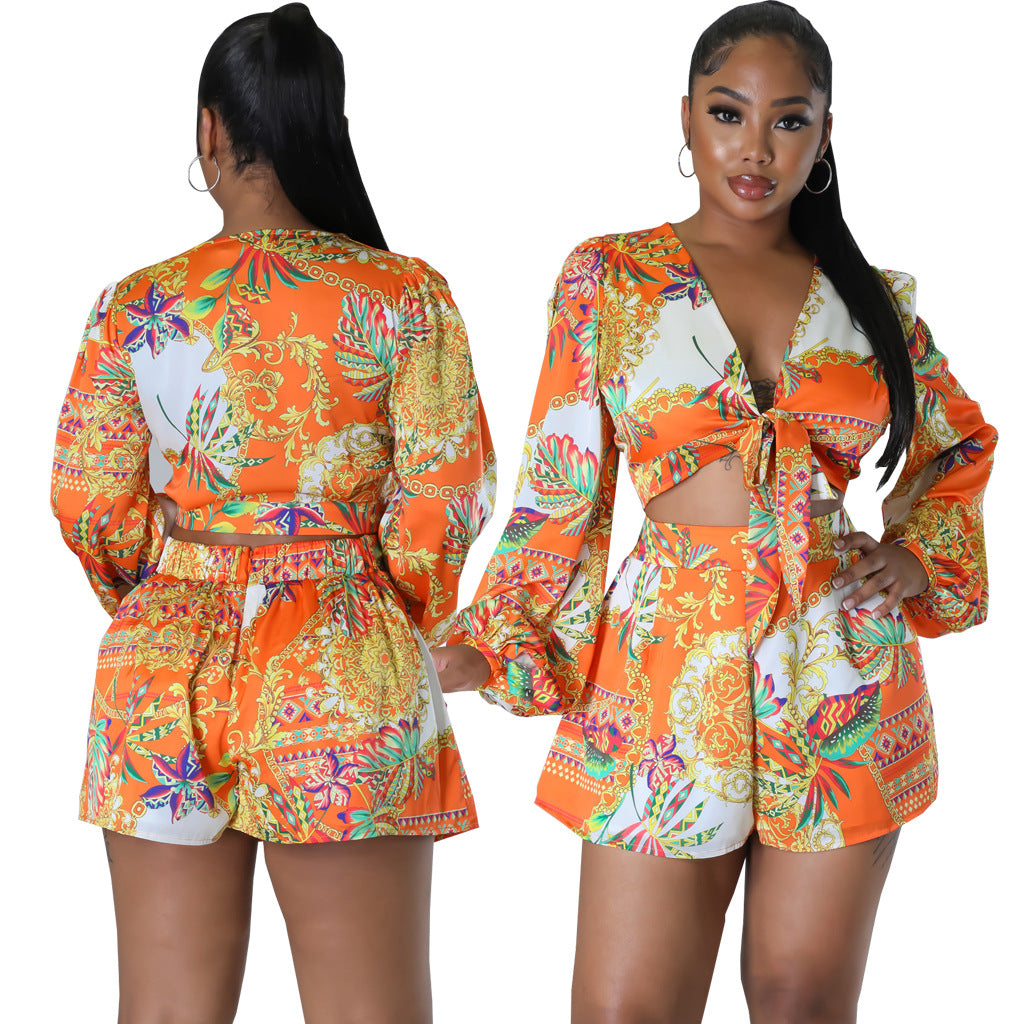 BamBam Sexy And Fashionable Print Long-Sleeved Women's Top Shorts Two-Piece Set - BamBam