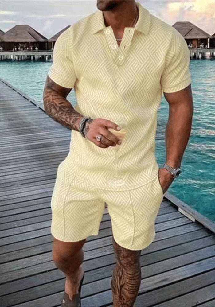 Men's Summer Fashion Casual Printed Turndown Collar Polo Shirt Shorts Two Piece Set