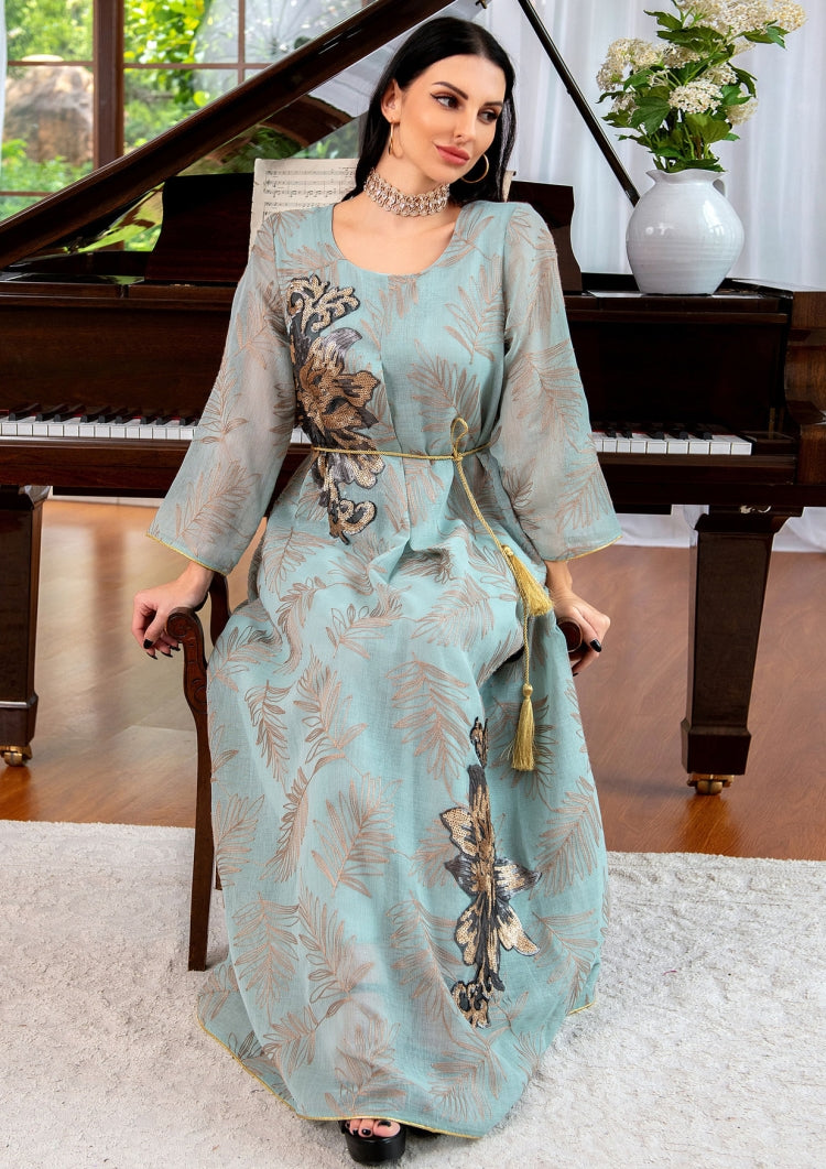 BamBam Spring Sequins Embroidered Blue Long Sleeve Maxi Dress Middle East Dubai Muslim Dresses - BamBam