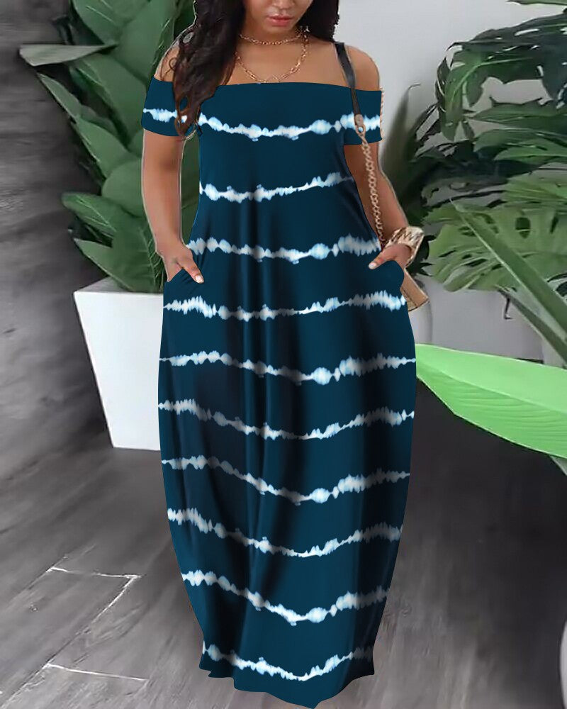 BamBam Summer Ladies Fashion Casual Sexy Print Off Shoulder Maxi Dress - BamBam