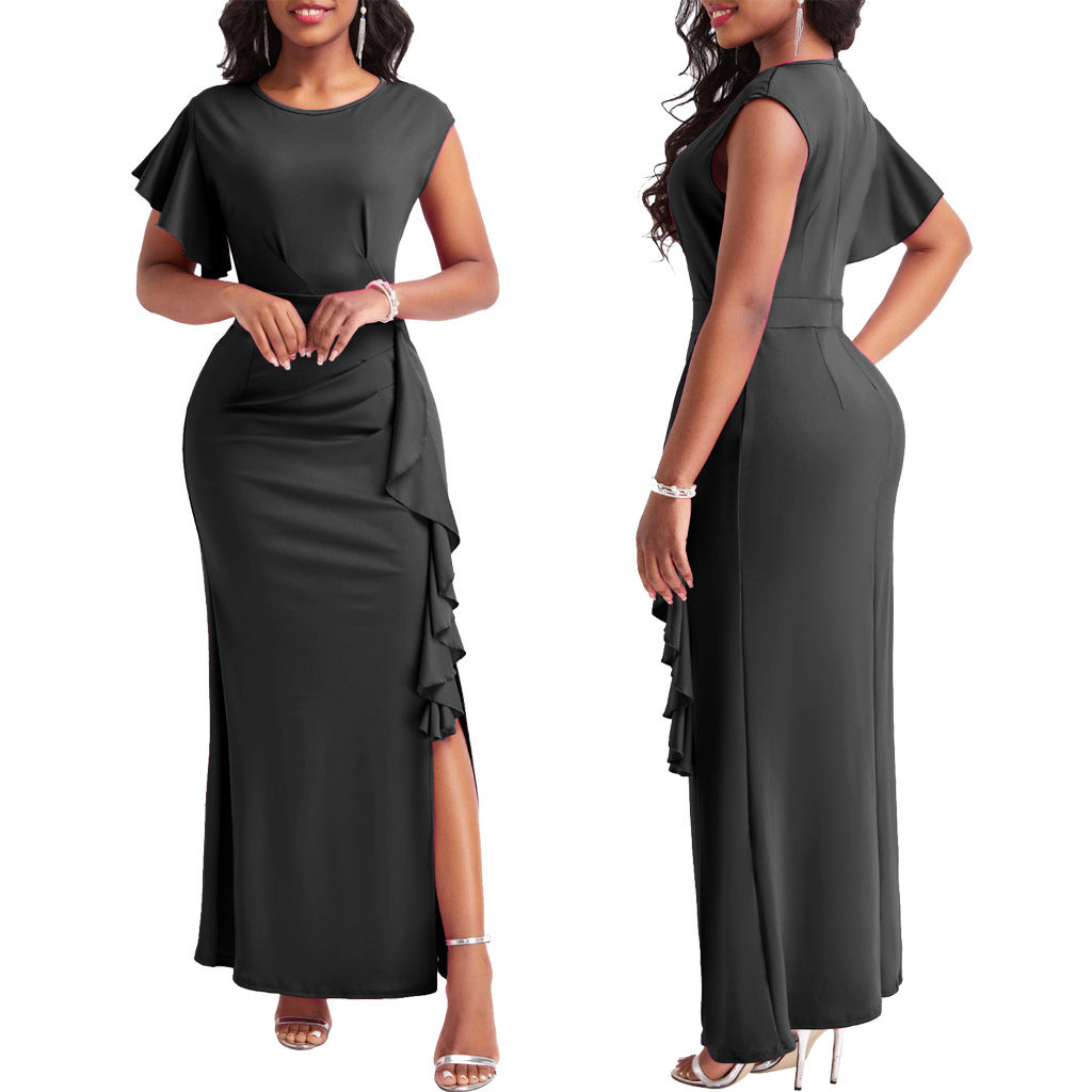 BamBam Sexy Fashion Solid Color Round Neck Ruffle Women's Dress - BamBam Clothing