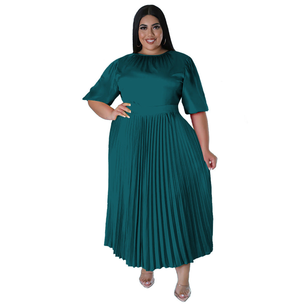 BamBam Plus Size Women's Fall Winter Pleated Round Neck Long Dress Short Sleeves - BamBam