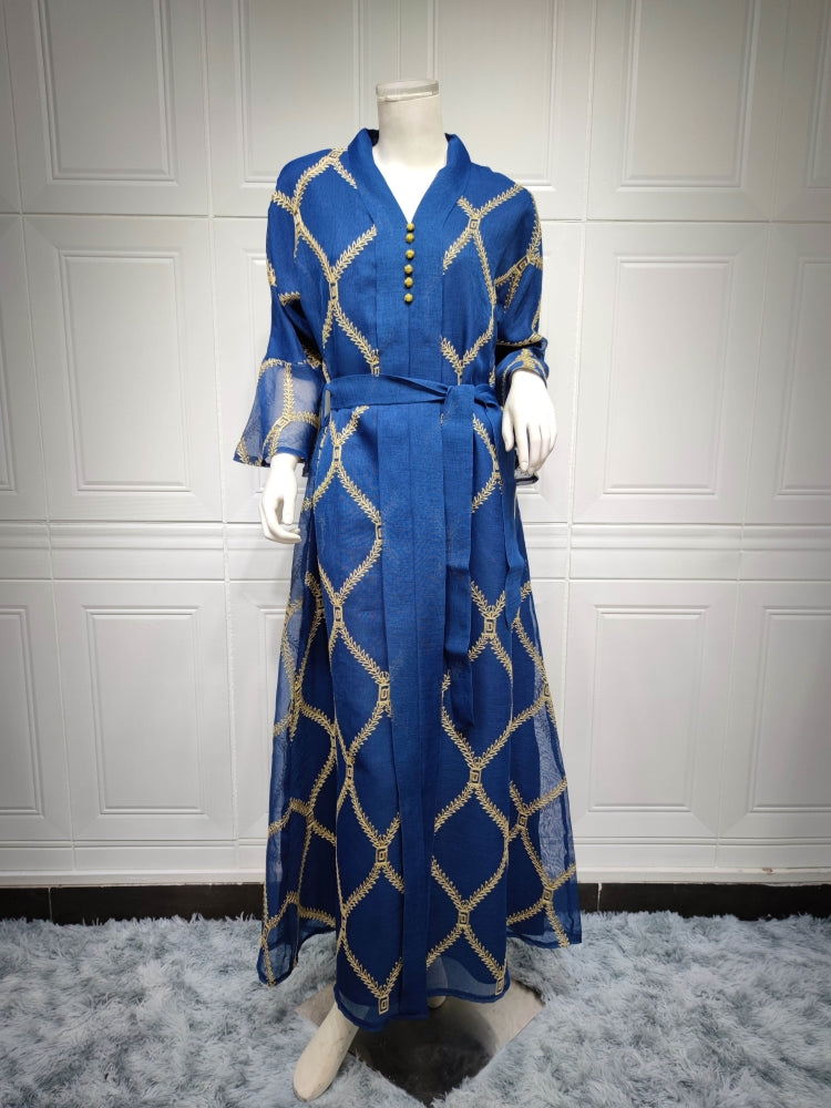 BamBam Women Summer Blue Arab Dubai Middle East Turkey Morocco Plaid Print Belted Islamic Clothing Kaftan Abaya Muslim Dress - BamBam