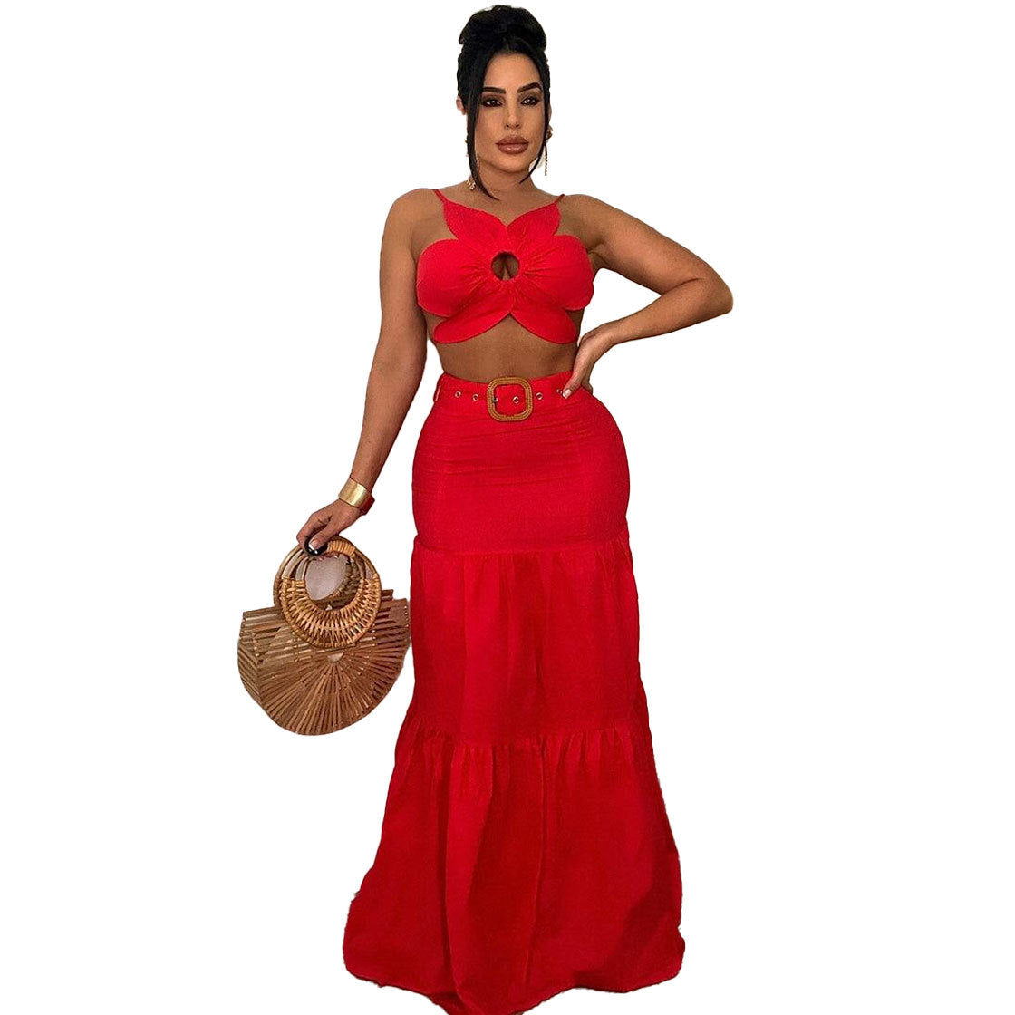 BamBam Women Sexy Solid Crop Top and Belt Skirt Two-Piece Set - BamBam