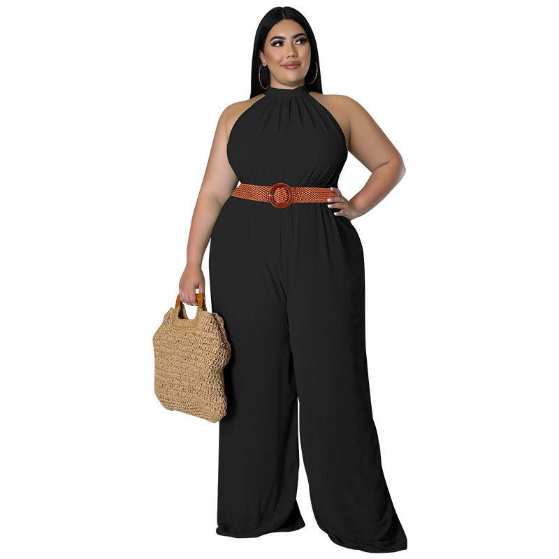 BamBam Plus Size Women's Casual Solid Color Belted Jumpsuit - BamBam Clothing