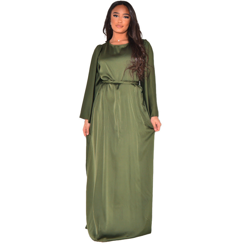BamBam Women's Autumn And Winter Dress Round Neck Long Sleeve Loose Strappy Satin Maxi Dress - BamBam