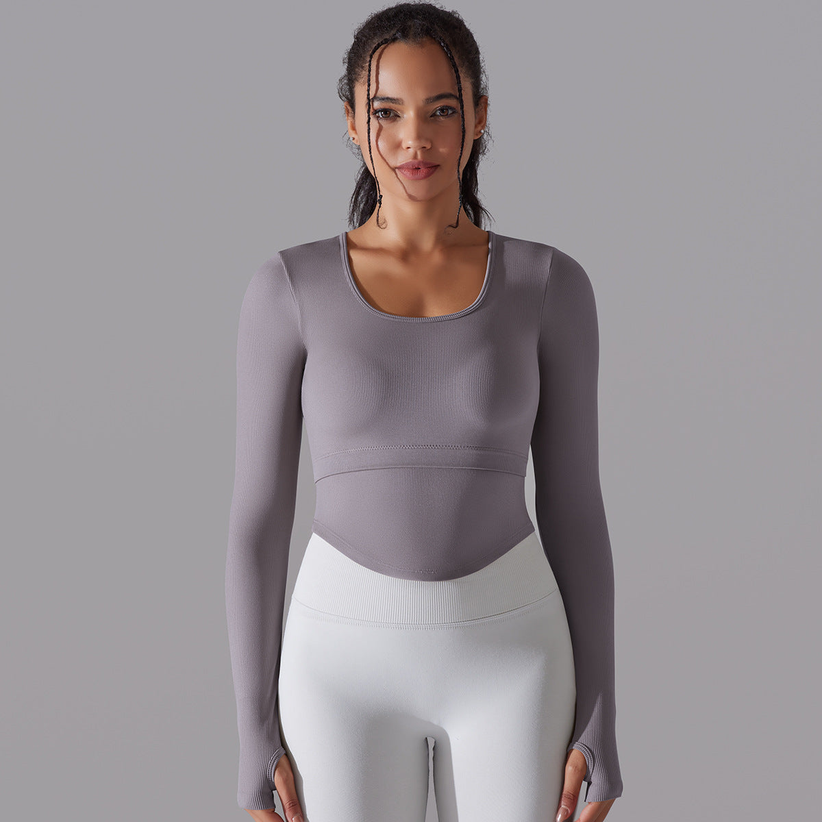 BamBam Seamless Knitting Solid Color Ribbed Sports Yoga Long-Sleeved Running Fitness Yoga Tops For Women - BamBam