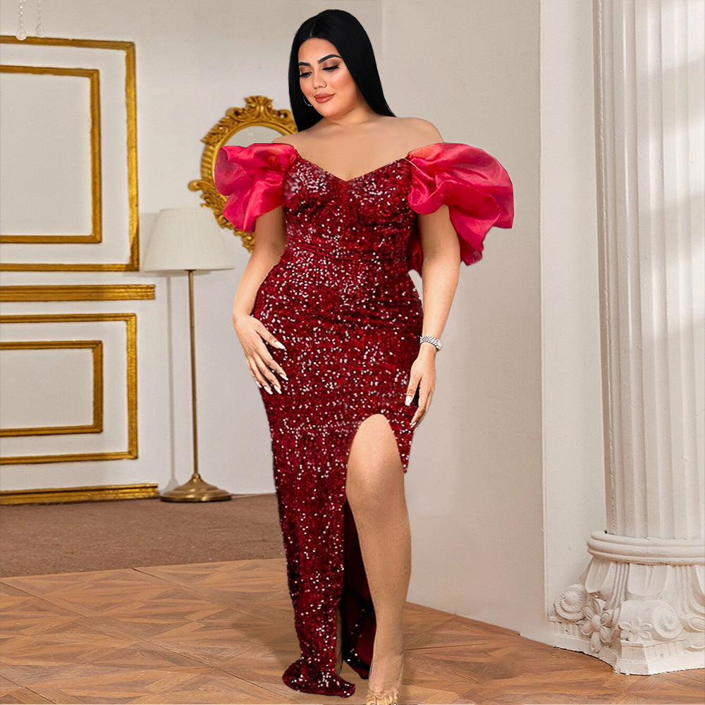 Plus Size Women v-Neck Puff Sleeve Sequined High Waist Slit Maxi Dress