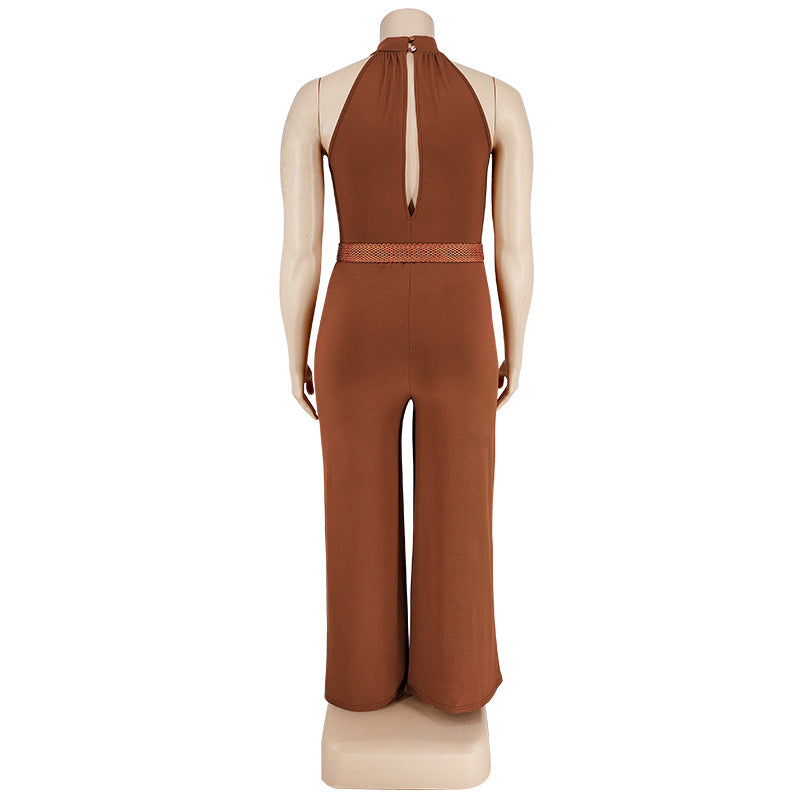 BamBam Plus Size Women's Casual Solid Color Belted Jumpsuit - BamBam Clothing