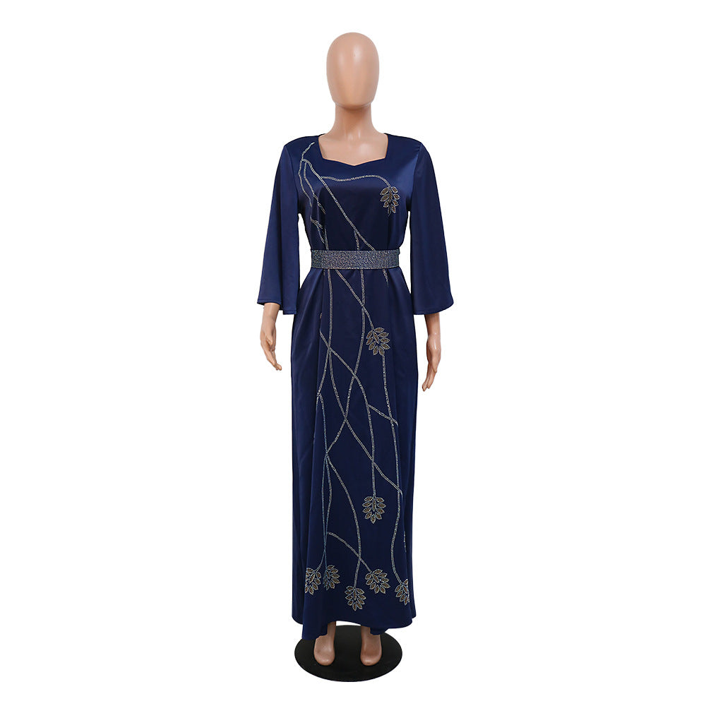 BamBam Muslim Abaya Leaf Pattern Beaded Dubai Robe Dress With Diamond Belt - BamBam