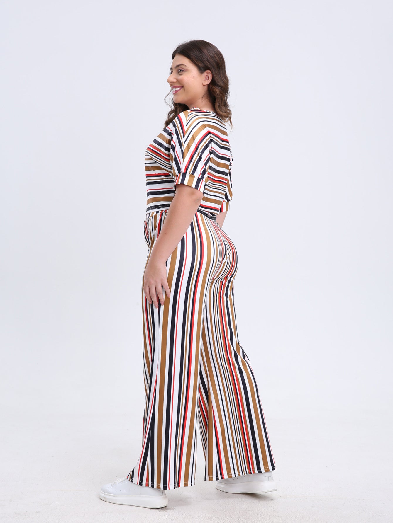 BamBam Plus Size Women Casual Short Sleeve Top And Striped Wide Leg Pants Two-piece Set - BamBam
